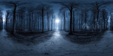 360 degree, dark forest path illuminated by the moon, with ghostly apparitions floating. HDRI spherical panorama.