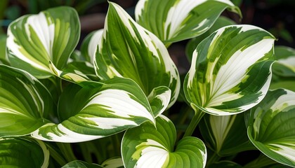 Close-up view of vibrant green and white hosta leaves with intricate patterns in a garden setting