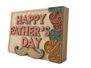 3 D Rendered Fathers Day Sign Beige Wood Frame Coral Red Text Gold Accents Brown Mustache isolated on a transparent background