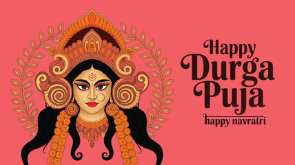 Happy Durga Puja and Navratri illustration with Goddess Durga’s face, crown, jewelry, and pink festive background symbolizing divine celebration