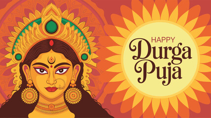 Happy Durga Puja illustration with Goddess Durga’s face, radiant halo, ornaments, and sunburst greeting, symbolizing divine power and celebration