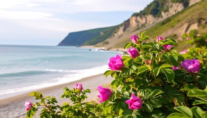 Obraz premium Vibrant pink flowers bloom along a serene beach, with cliffs and a tranquil ocean in the background