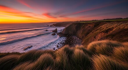 Dramatic Coastal Sunset Over Rolling Hills and Ocean Waves.