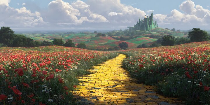 A High Resolution image of yellow brick road leading through poppy field to green emerald city in the distance. Wizard of Oz concept.