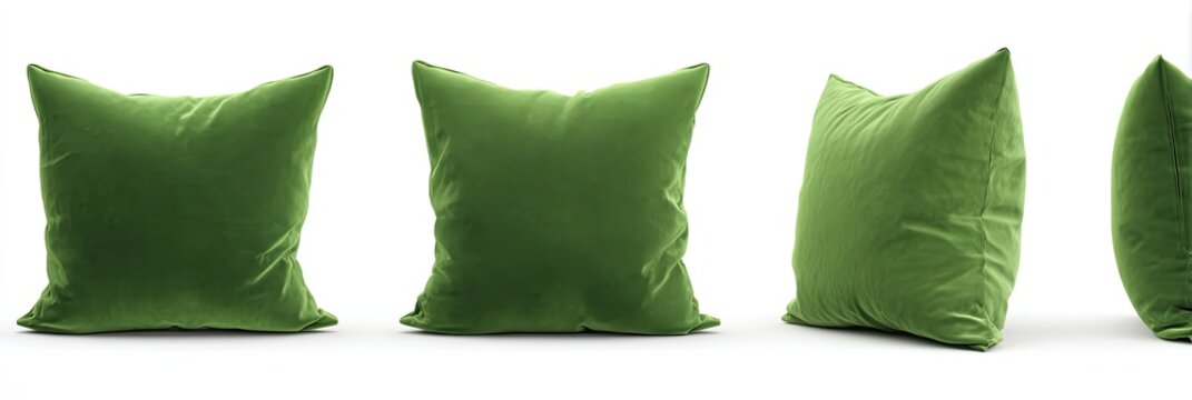 Four lime green velvet throw pillows displayed against a white background