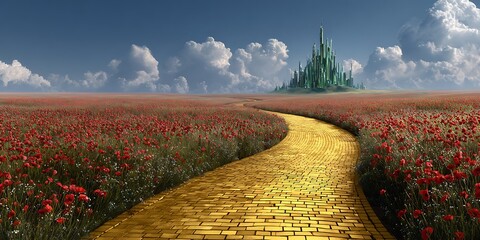 A High Resolution image of yellow brick road leading through poppy field to green emerald city in the distance. Wizard of Oz concept.