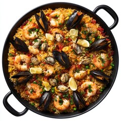 Colorful seafood paella in a large black pan
