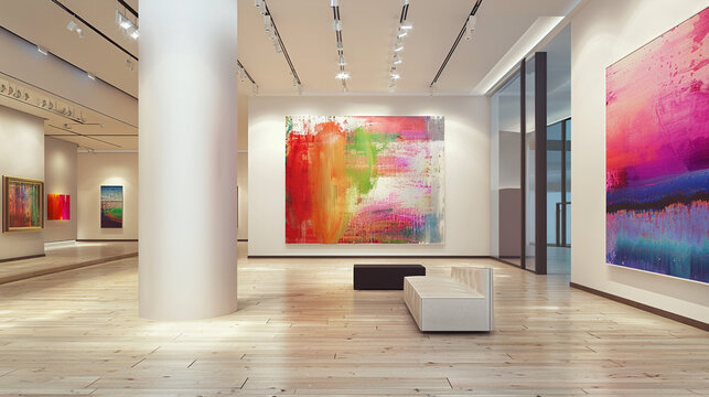 "Contemporary Art Gallery: A Bright and Expansive Hallway with a Polished Wooden Floor and White Columns, Displaying a Vibrant Collection of Modern, Abstract Paintings in a Spacious and Minimalist Set - Powered by Adobe