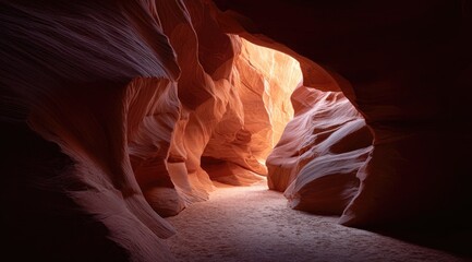 Dusty sandstone slot canyon, light filtering through