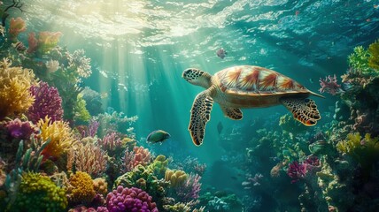 Fototapeta premium Close-up of turtle swimming in sunlit ocean