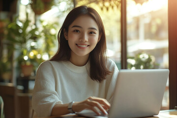 woman in cafe. Generative AI.