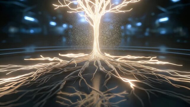 A tree with glowing branches is shown in a dark room. The branches are illuminated. Closeup glowing AI neural tree roots spreading across sci-fi lab table, superintelligence labs conceptual symbolic