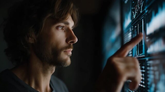 A man is looking at a computer screen and pointing at something. Closeup of person analyzing fairness and bias data graphs on futuristic monitors, ai governance ethics muted documentary