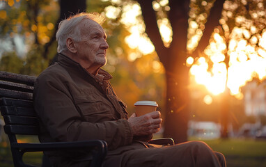 senior man sitting on bench in park. Generative AI.