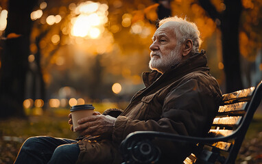 senior man sitting on bench in park. Generative AI.