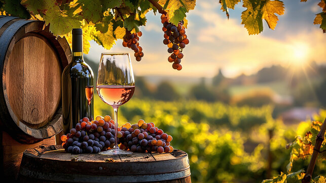 A glass of wine and a bottle stand on an oak barrel next to a bunch of grapes under a sunny sky and vineyards - a banner for a winery, tastings and restaurants