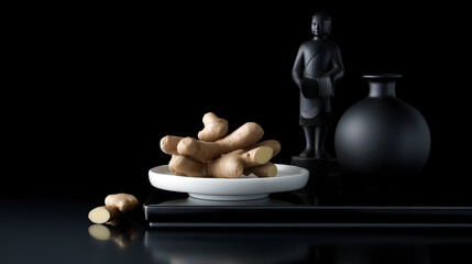 New Chinese still life, matte black lacquer tabletop, white porcelain plate holding golden ginger slices, soft focal side light, minimalist Oriental color scheme