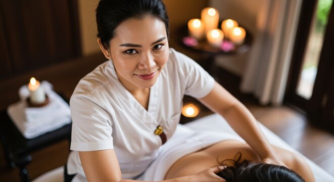 This is a picture of a Thai masseuse giving a massage to a customer. - Powered by Adobe