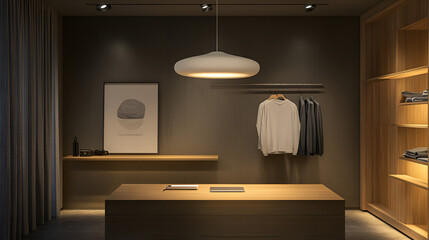 Modern Minimalist Clothing Store Interior with Hanging Clothes and Wooden Shelves