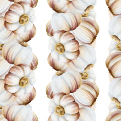 Watercolor garlic string bulbs seamless pattern on white. Hand drawn realistic Italian vegetables repeat background for spice recipes, traditional medicine and food cooking designs
