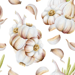 Watercolor seamless pattern with garlic, leaves and cloves on white with dry and raw bulbs and plant stem. Hand drawn botanical vegetable repeat background for folk medicine food designs