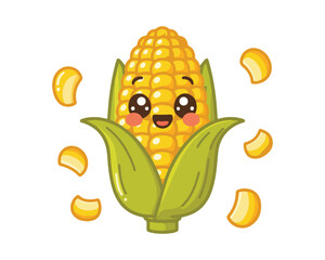Cute cartoon corn with smiling face and kernels