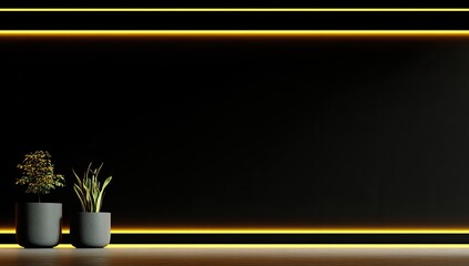 Dark, minimalist wall with glowing yellow border and potted plants
