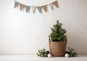 A small Christmas tree in a basket, decorated with fabric bunting and natural elements