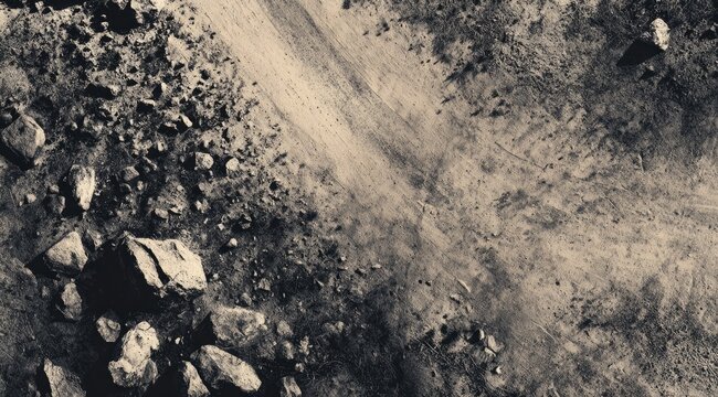High-angle view of a rocky, dusty terrain.  A light-colored,  streaked path cuts across the dark surface