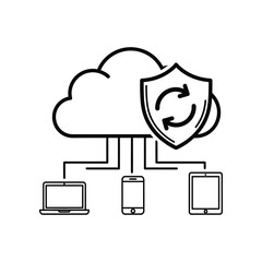 Cloud Network Protection: A visual representation of secure cloud network, with cloud, shield and devices interconnected, emphasizing security and data protection.