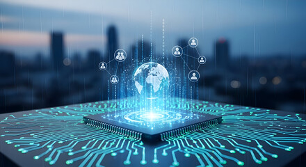 A glowing globe and network icons above a microchip with a blurred cityscape in the background view