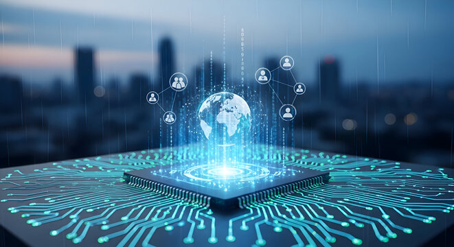 A glowing globe and network icons above a microchip with a blurred cityscape in the background view