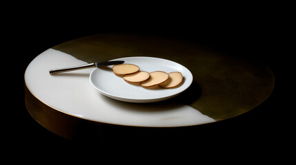 New Chinese still life, matte black lacquer tabletop, white porcelain plate holding golden ginger slices, soft focal side light, minimalist Oriental color scheme
