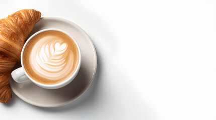Template of latte and croissant on white background with empty space for text or logo, minimal and modern layout