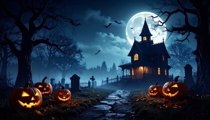 Moonlit forest path lined with glowing jack-o'-lanterns leading to a haunted house