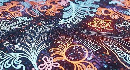Stunning neon floral circuit board pattern glows with vibrant energy, perfect for futuristic tech and digital art projects.