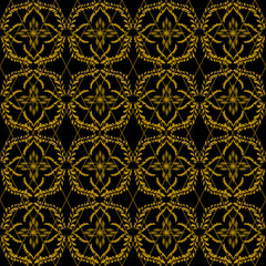 Intricate gold floral and geometric patterns on a black background, creating a luxurious and traditional aesthetic.
