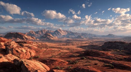 Obraz premium Vast desert landscape with reddish rock formations, mountain range, and scattered vegetation under a partly cloudy sky