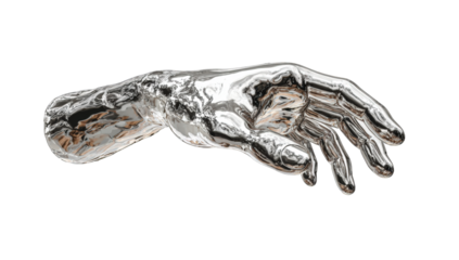 A stylized, metallic hand reaching out