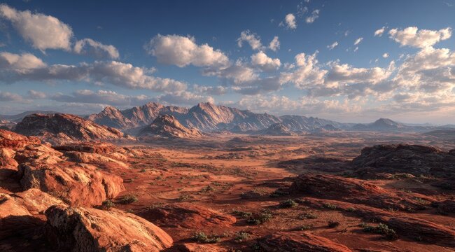 Vast desert landscape with reddish rock formations,  mountain range, and scattered vegetation under a partly cloudy sky - Powered by Adobe