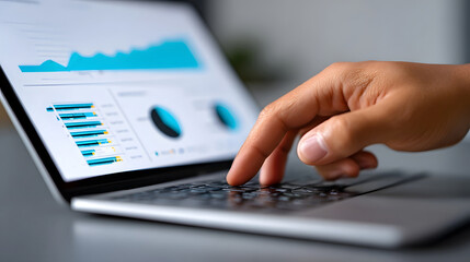 A person's hands interacting with a laptop displaying financial charts, graphs, and analytical data used for business decision-making, strategy planning, and growth.
