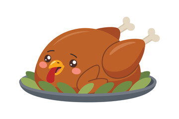 Cute cartoon roasted turkey dinner illustration
