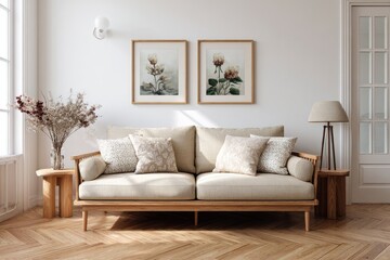 Fototapeta premium Light-filled room with a beige couch and floral prints