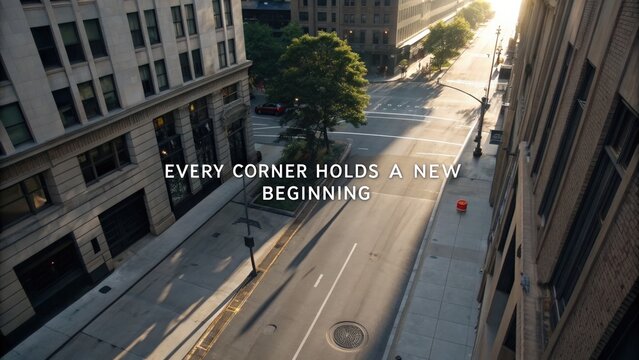 Urban street scene with inspirational quote at sunrise highlighting new beginnings - Powered by Adobe