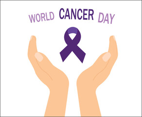 A purple ribbon is centered between two open hands, representing support and hope for cancer awareness and fundraising efforts.