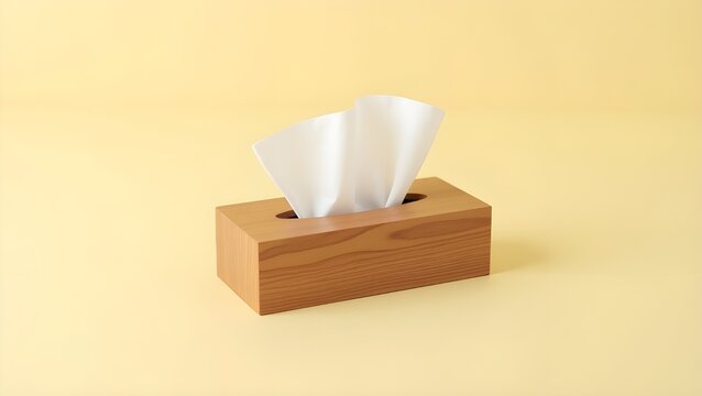 A neatly crafted wooden tissue box sits firmly on a soft yellow color surface. Its rectangular shape highlights smooth edges and a warm, natural wood grain texture.