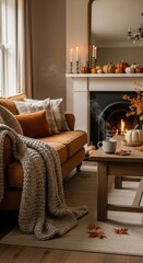 Cozy living room with fireplace pumpkins and warm drink on coffee table autumn fall