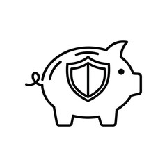 Protected Savings: A minimalist outline of a piggy bank adorned with a shield emblem, symbolizing the security and safety of financial savings. 