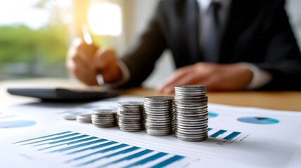 A businessperson reviewing financial data, charts, and graphs on a desk as part of an investment planning or analysis process in the office.