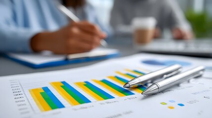 A business professional reviewing financial reports and statistical charts on a desk, focused on data analysis and strategic planning.